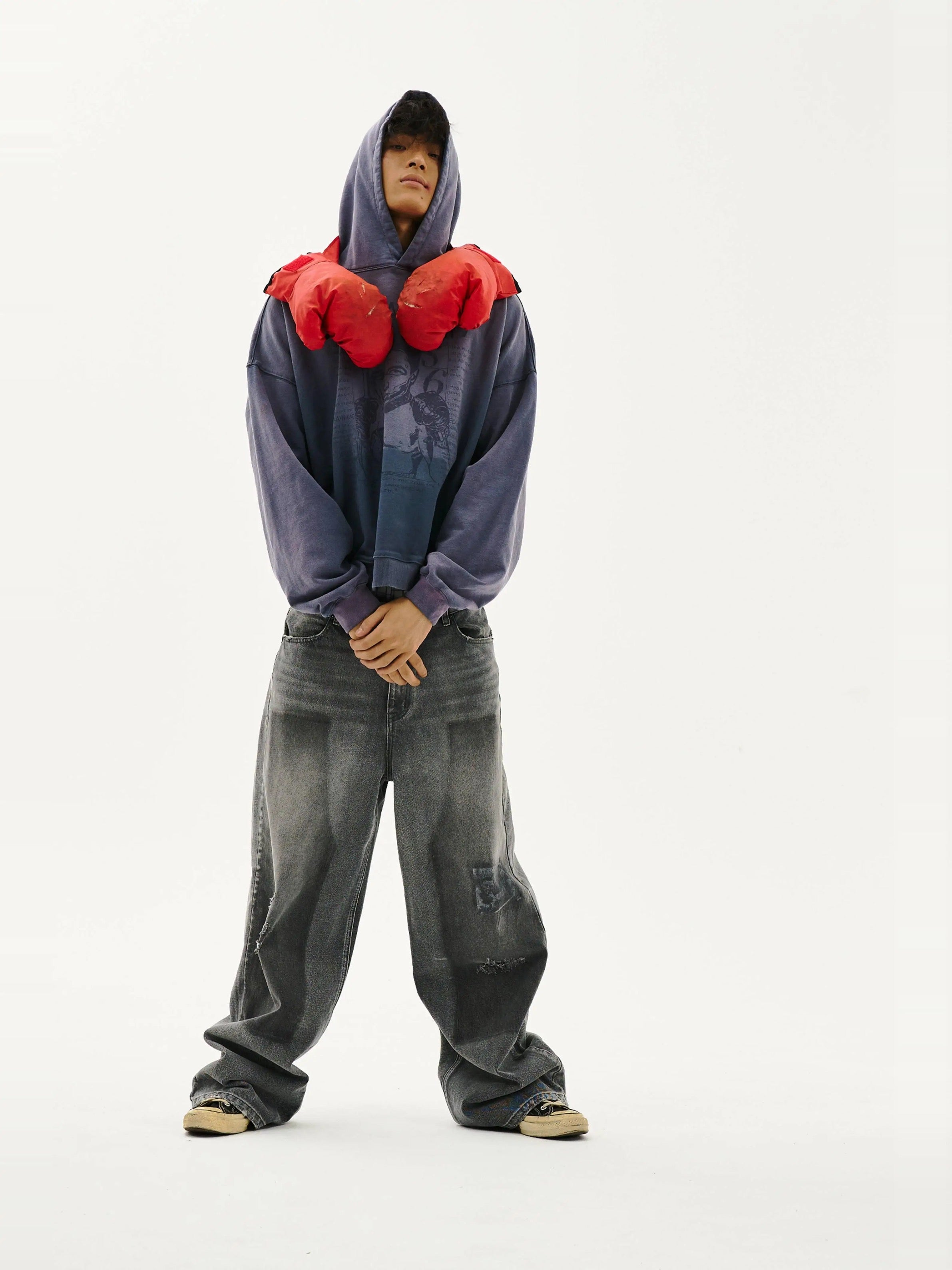 LIBERAFIT gray washed distressed jeans model front view