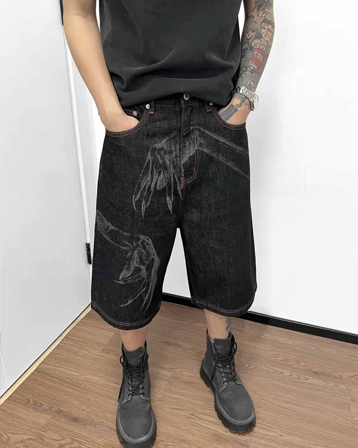 Laser-Etched Denim Shorts