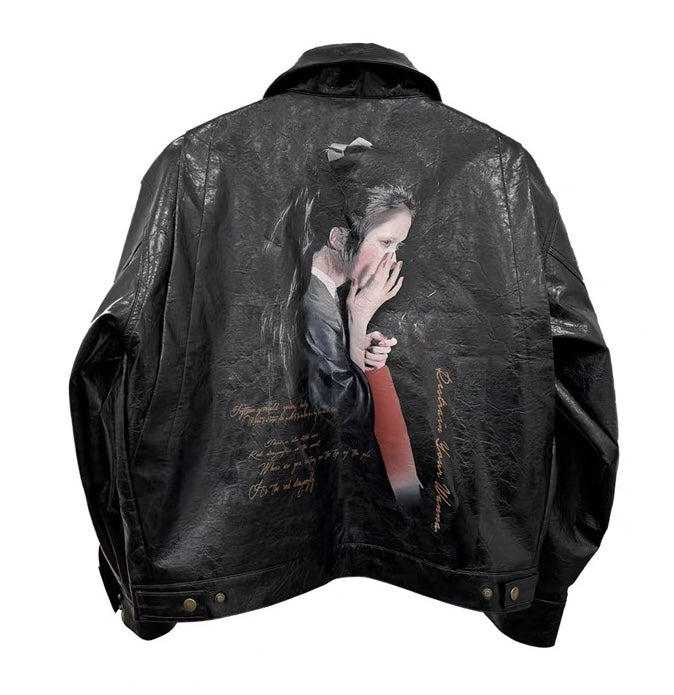 WANNALAB woman portrait padded PU  jacket