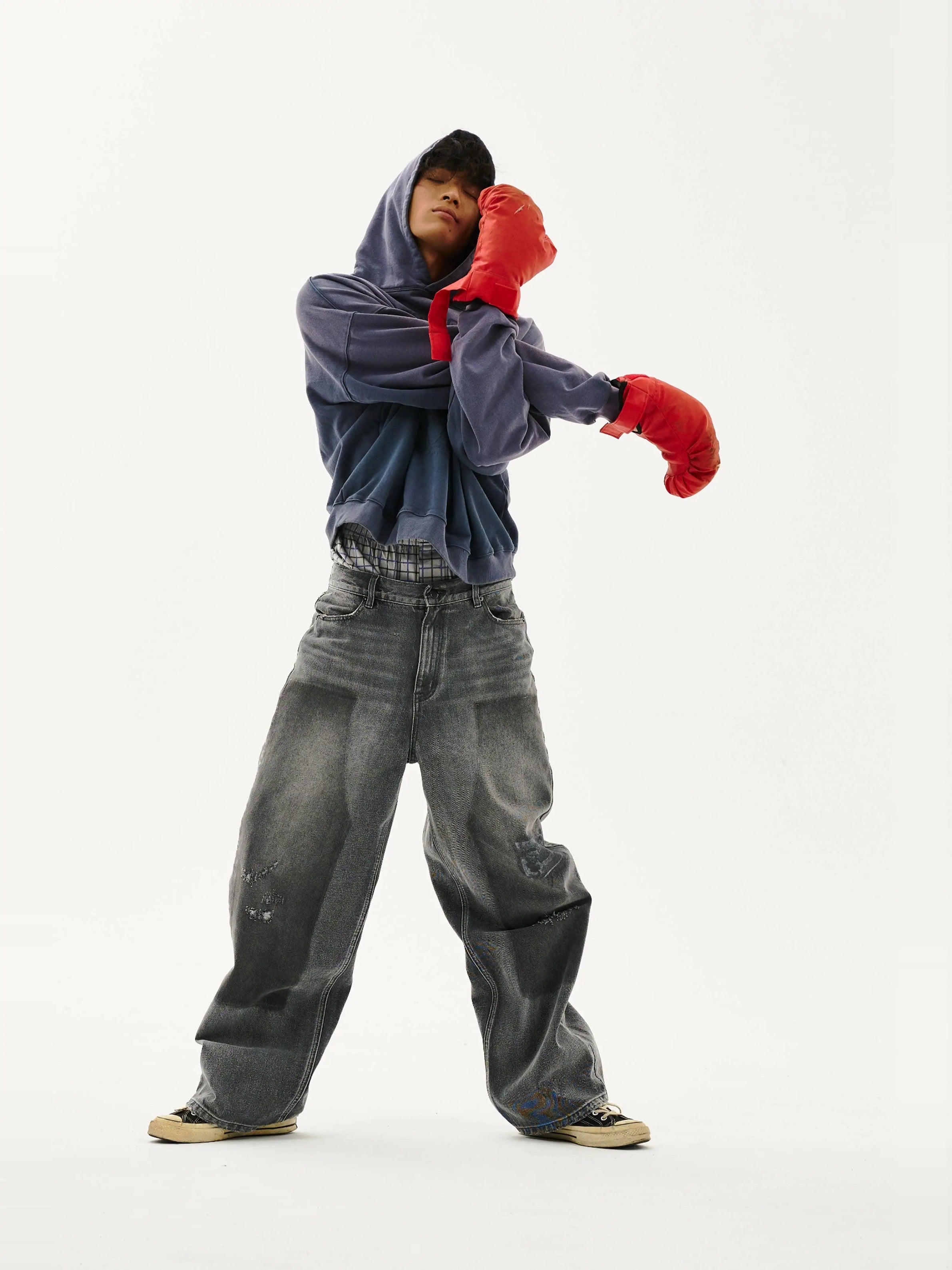 LIBERAFIT gray washed distressed jeans model front view